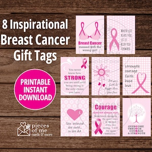 Etiquetas de regalo para el cáncer de mama, 8 etiquetas inspiradoras imprimibles, descarga instantánea, lazo rosa, apoyo a sobrevivientes, concientización.
