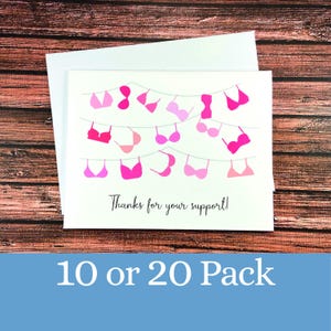 Breast cancer thank you cards 10 or 20 Pack, thanks for your support, pink bras on clothesline, chemo mastectomy radiation, blank note cards