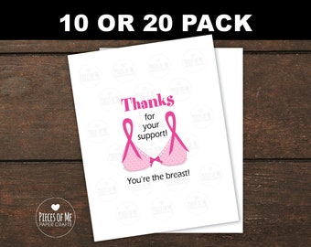 Breast cancer thank you note card, 10 or 20 pack, You're the Breast. You're the Best, thanks for your support, funny, survivor, pink bra