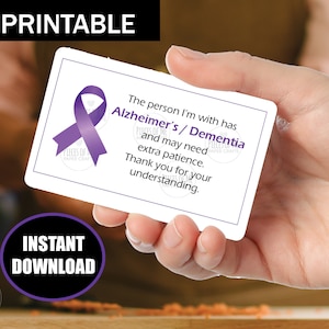 Cartão de acompanhante de demência de Alzheimer, cuidador, download instantâneo para impressão, seja paciente, cuidador, parceiro de cuidados, alerta, cartão de visita