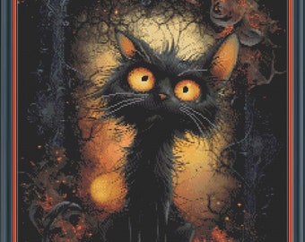 Black Cat 1 Counted Cross Stitch, 32 ct., 209x274 stitches, 7x9" over 1, 14x18" over 2, 17x23 cm over 2, 68 Colors, full coverage