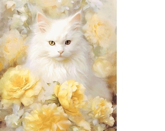 White Cat, Yellow Roses Counted Cross Stitch Pattern, digital file, 32 ct., 317x448 stitches, 25x36 cm over 1, 50x72 cm over 2