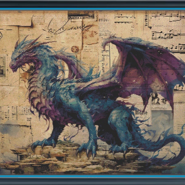 Junk Journal Dragon 1 Counted Cross stitch, 32 ct., 360x278 stitches, 11x9" over 1, 22x18" over 2, 27x23 cm over 1, 68 colors, full coverage