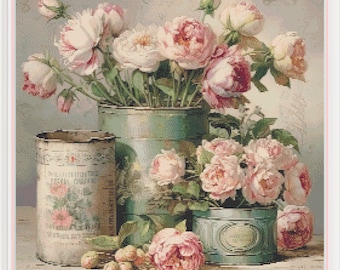 Vintage Cannisters with Peonies 1 Counted Cross stitch, 32 ct,. 255x255 stitches, 8x8" over 1, 16x16" over 2, 20x20cm over 1, 68 colors