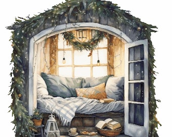 Winter Reading Nook 1 Counted Cross Stitch Pattern, 32 ct., 360x360 stitches, 33x33 cm over 1, 66x66 cm, over 2, 69 colors
