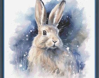 Winter Bunny Counted Cross Stitch Pattern, 32 ct., 403x403 stitches, 32x32 cm over 1, 64x64 cm over 2, 69 colors