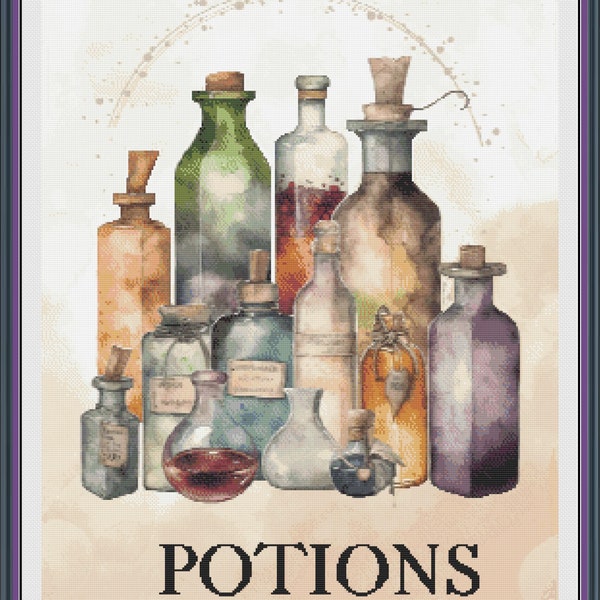Spooky Potions cross stitch pattern - digital PDF, witchy, witches, Book of Shadows, book of spells, 32ct. 288x399 175 colors