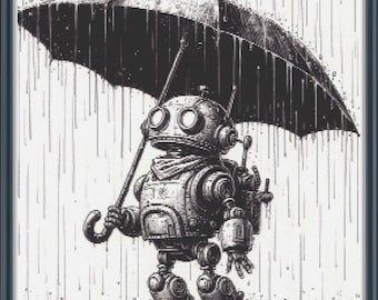 Robot in the Rain 1 Counted cross stitch, 32 ct., 263x263 stitches, 8x8" over 1, 16x16" over 2, 20x20 cm over 1, 42 colors, full coverage