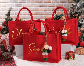 Sac cadeau de Noël personnalisé en jute avec breloque