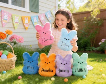 Personalized Peep Bunny Plush, Custom Name Easter Rabbit, Easter Basket Stuffer, Easter Gift for Kids