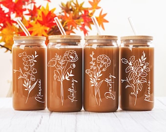 Personalized Birth Flower Coffee Cup With Name,Birth Flower Tumbler,Custom Glass Coffee Cup,Bridesmaid Gift,Christmas Gift,Mother&#39;s Day Gift