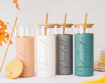 Engraved Glass Tumbler with Silicone sleeve,Custom Glass Tumbler with wooden straw,Hot/Cold Tumbler,Mother’s Day Gifts,Bridesmaids Gifts
