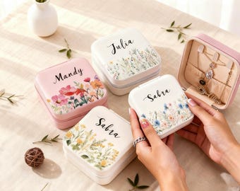 Personalized Flower Leather Jewelry Box, Custom Name Travel Case