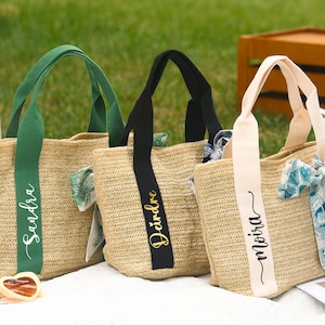 Custom Beach Straw Bags, Bridesmaid Gifts Bags, Personalized Straw Bag, Burlap Tote Bag, Bridal shower bag, Bachelorette, Wedding Favors