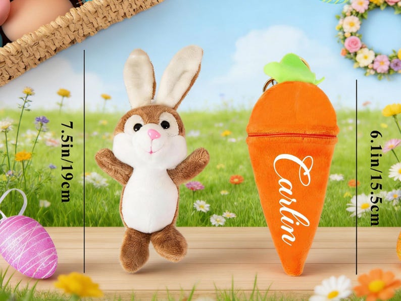 May include: A plush brown and white bunny and an orange carrot-shaped pouch with the name "Carlin" in white script. The bunny is 7.5 inches tall. The carrot pouch is 6.1 inches tall. The background is a spring scene.