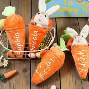 May include: Orange plush carrot-shaped containers with white lettering, each holding a stuffed bunny. The carrots are in a gold wire basket, with decorative carrots and flowers. Easter-themed gift.