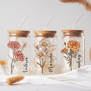 Personalized Birth Flower Tumbler With Name,Custom Glass Coffee Cup,Mother&#39;s Day Gift,Birthday Gifts for Her,Bridesmaid Gift,Graduation Gift