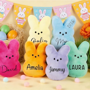 May include: A collection of plush bunny toys in various colors, each with a name written on it. The bunnies are arranged in front of a decorative Easter banner and a basket of colorful eggs. The overall theme is Easter.