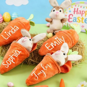 May include: Easter-themed plush toys featuring bunnies nestled in orange carrot-shaped containers, each with a name in white script. A standing bunny and decorative eggs are also present, set against a pastel backdrop with a "Happy Easter" sign.