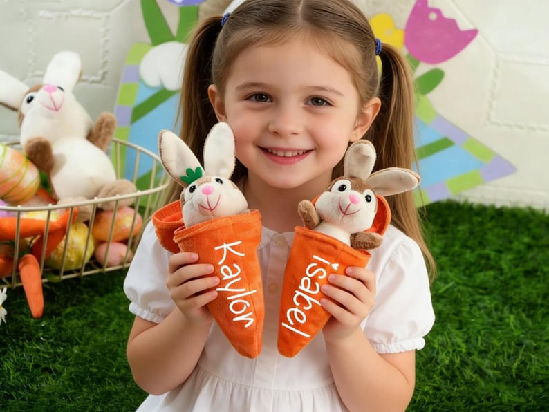Personalized Reversible Carrot Plush Toy, Custom Plush Rabbit Keychain,Customize Cute Easter Bunny Keychain,Easter Gift with Name image 1