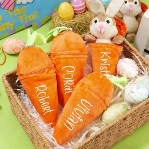 May include: A woven basket filled with plush carrot-shaped pouches, each with a name embroidered on it. The basket also contains decorative Easter eggs and a stuffed bunny. The pouches are orange with green tops.