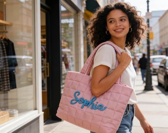 Borsa tote in nylon trapuntato personalizzata / Borsa a tracolla con monogramma personalizzato / Regalo per damigella d'onore / Borsa da spiaggia / Regalo di addio al nubilato per lei