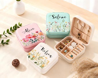 Personalized Flower Leather Jewelry Box, Custom Travel Case