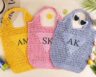 Monogram Raffia strandväska, personlig möhippa-present