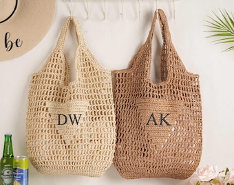 Bolsa de playa de rafia con monograma, regalo personalizado para despedida de soltera