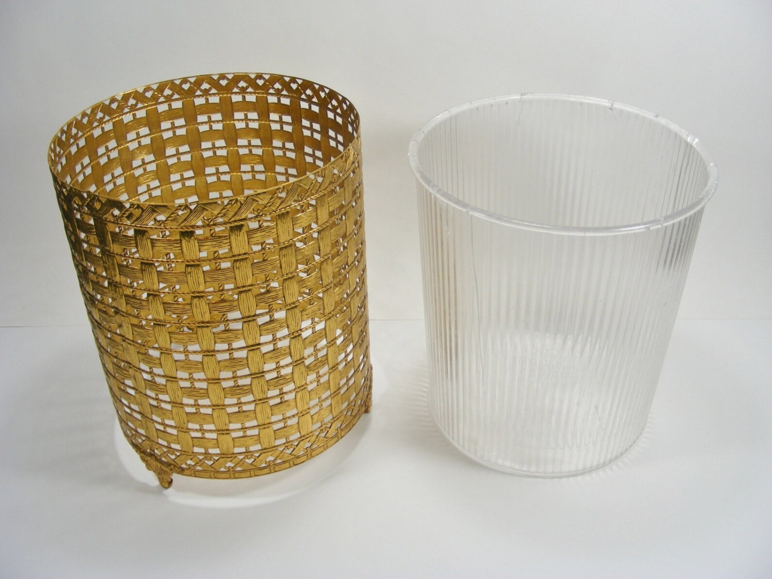 Metal Waste Basket Goldtone Wovenlook Trash can Etsy