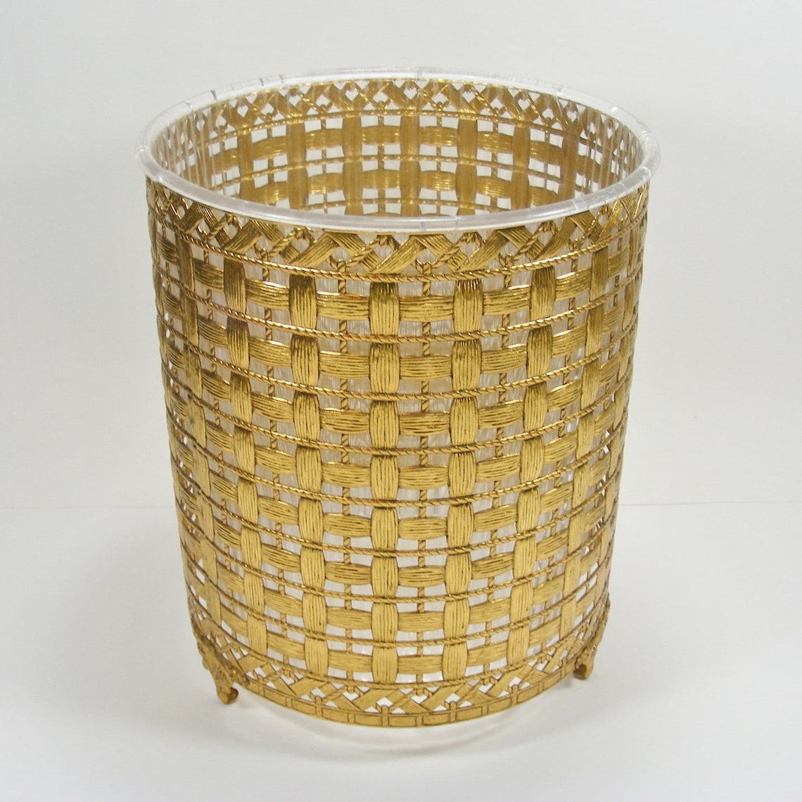 Metal Waste Basket Goldtone Wovenlook Trash can Etsy