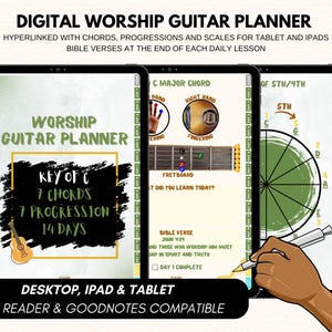 2025 Guitar Journal Agenda numérique 14 jours Journal musical dévotionnel avec diagrammes de doigté pour apprendre la guitare sur iPad, tablette et GoodNotes