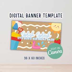 Könnte beinhalten: Digitales Banner-Template mit Strand-Thema. Das Banner zeigt den Text "Splish Splash" und "It's Zoe's Birthday Bash". Enthält eine Sonne, eine Erdbeere und einen rosa Flamingo. Das Banner misst 91 x 152 cm.
