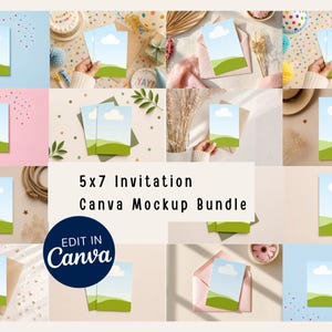 Puede incluir: Una colección de maquetas de invitación de 5x7 con una ilustración de paisaje de cielo azul con una nube blanca sobre colinas verdes. El texto central dice 5x7 Invitation Canva Mockup Bundle y Edit in Canva. Las tarjetas se muestran en varios entornos.