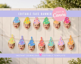 DIY Birthday Face Banner | Editable Face Banner Template | Custom Face Banner | Custom Face Banner | Baby Head Photo Garland | Party Hat