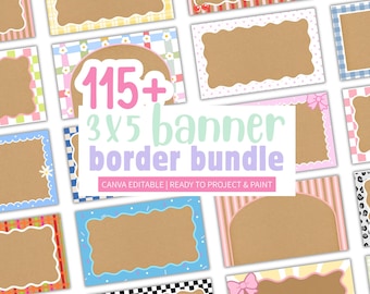 May include: A digital collection of 115+ rectangular banner borders featuring various patterns like gingham, stripes, polka dots, and animal prints. Each border has a scalloped edge framing a brown center. Text reads 115+ 3x5 banner border bundle.