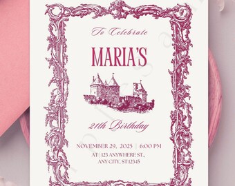 Vintage Castle Birthday Invitation | Editable Canva Template | Elegant Fairytale Party Invite | Flirty Birthday Printable Card