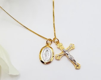 Collar con crucifijo de oro y plata y medalla milagrosa / Collar católico delicado / Colgante con medalla milagrosa / Regalo católico para ella