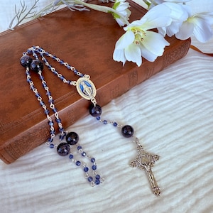 Catholic Rosary with Blue Sandstone & Austrian Crystal – Handmade Heirloom Rosary with Silver Crucifix | Confirmation Gift or Keepsake