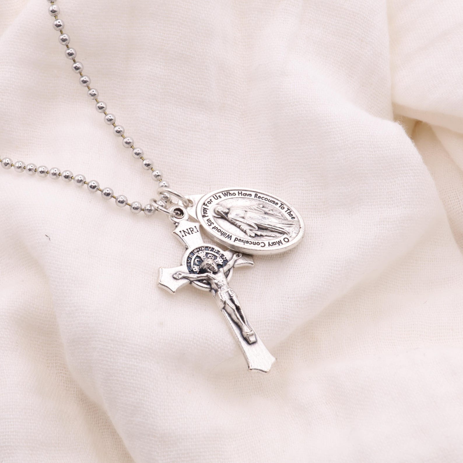 Italian Miraculous Medal & Cross Necklace | Stainless Steel Ball ...