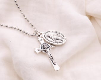 Italian Miraculous Medal & Cross Necklace | Stainless Steel Ball | Catholic Necklace for Men | Rugged Crucifix Chain