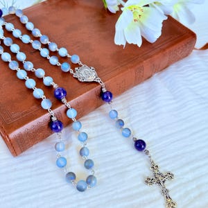 Handmade Catholic Rosary: Blue Glass Beads, Silver Crucifix, Religious Gift