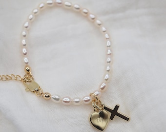 Personalized Baby Baptism Bracelet | Freshwater Pearl & Cross Charm | 14K Gold Plated | Catholic Gift for Baby