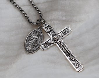 Men's Miraculous Medal & Crucifix Necklace | Large Catholic Necklace for Men | Rugged Stainless Chain | Mens Catholic Gift