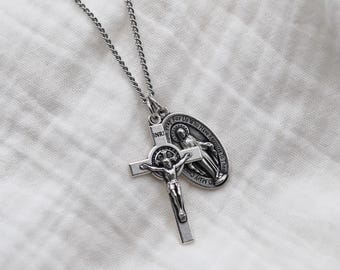 Stainless Steel St. Benedict Crucifix Necklace | Large Mens Catholic Necklace | St. Benedict Protection | Catholic Gift for Him
