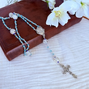 Handmade Catholic Rosary: Blue Glass & Crystal Beads, Silver Crucifix