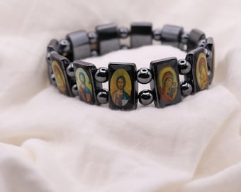 Hematite Saints Bracelet | Stretch Saint Catholic Bracelet | Beaded Icon Bracelet | Catholic Bracelet Gift | Catholic Gift
