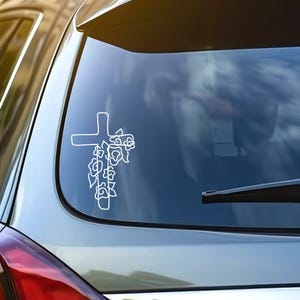 Catholic Vinyl Decal – St. Thérèse Floral Cross Vinyl Sticker, Hand-Drawn Minimalist Waterproof Faith Art for Laptop, Water Bottle, Journal