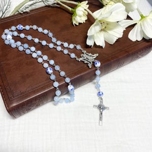 Catholic Rosary with Natural Aquamarine & Floral Porcelain Beads – Handmade Rosary with Silver Divine Mercy | Baptism or Confirmation Gift