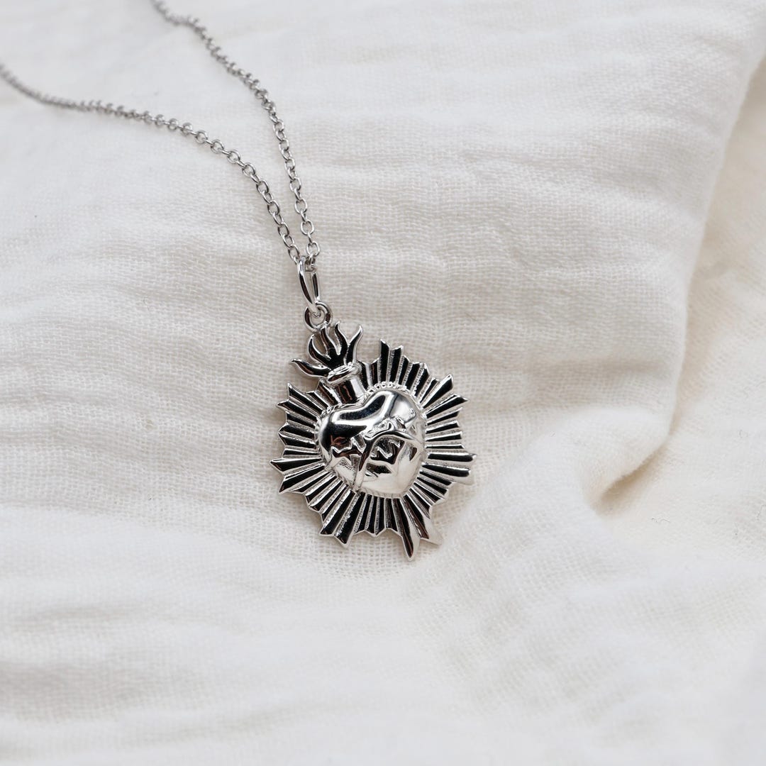 Sterling Silver Sacred Heart of Jesus Necklace | Sterling Silver Ornate ...